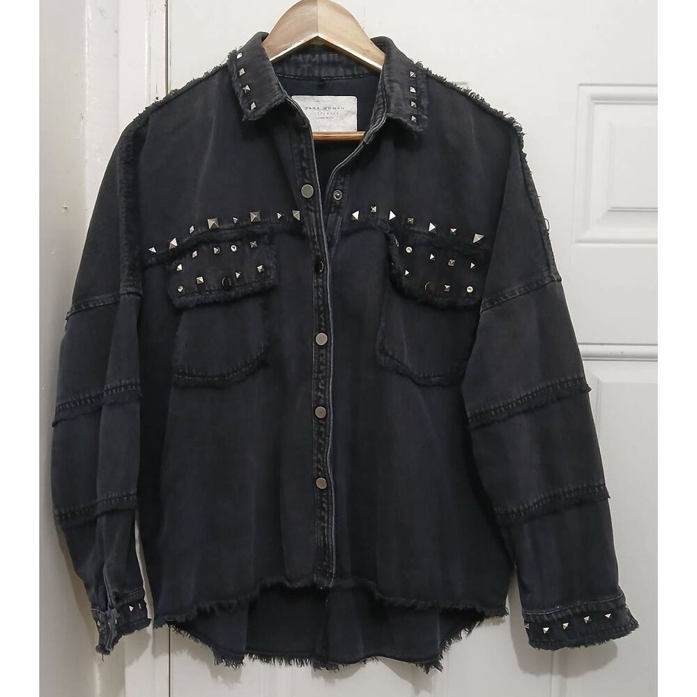 Zara womens medium washed black Studded denim over shirt mid weight spring